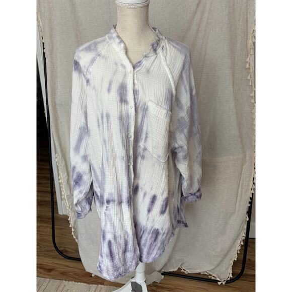 Aerie Gauze Cotton Boho Purple Tie Dye Button Up Shirt Oversized Size M - Picture 1 of 10